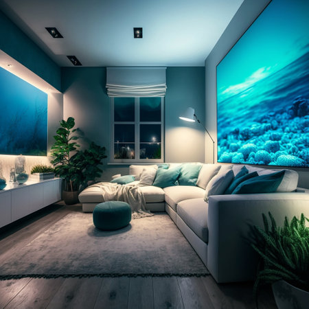Interior of modern living room with sea view. 3D renderingの素材