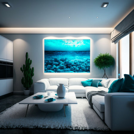 Interior of modern living room with sea view. 3d renderingの素材