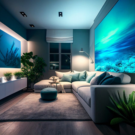 3d rendering of a modern living room with a sea view.の素材