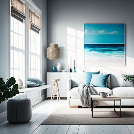 Interior of modern living room with white walls, wooden floor, comfortable white sofa with blue cushions, coffee table and window with sea view. 3d renderingの素材