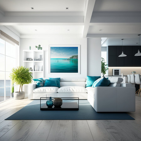 3d rendering of white living room with blue sofa and sea viewの素材