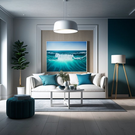 Interior of modern living room with blue sofa and sea view. 3D renderingの素材
