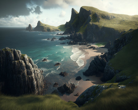 Beautiful seascape with cliffs and ocean. 3d renderingの素材