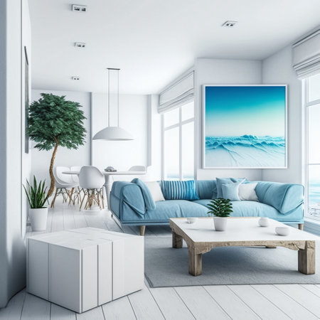 Interior of modern living room with white walls, wooden floor, white sofa with blue cushions, coffee table with white coffee table and sea view. 3d renderingの素材