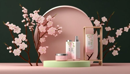 3d render of cosmetic products on podium with sakura flowers.の素材