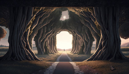 Fantasy landscape with old tree tunnel. 3d render illustration.の素材