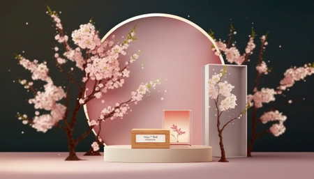 3D rendering of product display podium with cherry blossom background.の素材