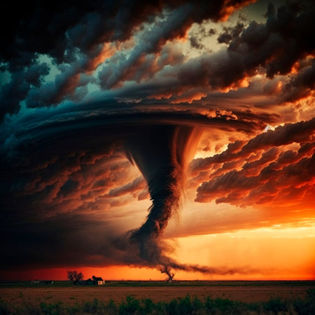 A great and huge tornado spawned in the field. Dramatic and strong cinematic image. high quality illustrationの素材