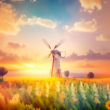 Mills in the fields, anime style. high quality illustrationの素材