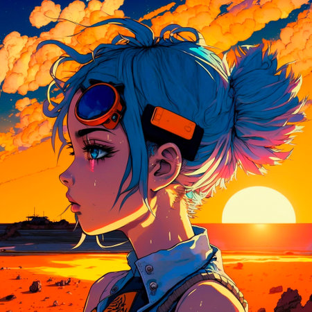 Cute anime girl watching the sunset. high quality illustrationの素材