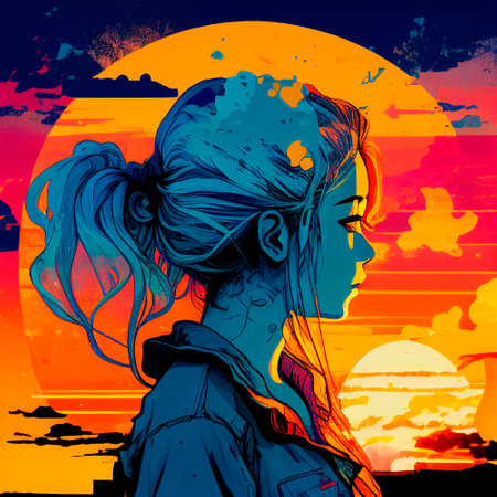Cute anime girl watching the sunset. high quality illustrationの素材