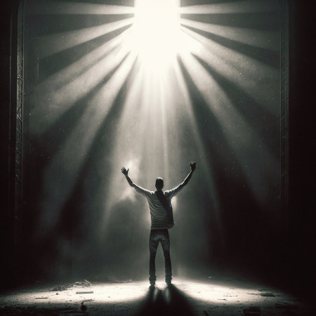 A man shrouded in mystical light raises his hands up. high quality illustrationの素材