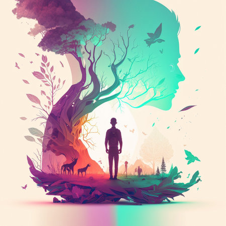 Man in unity with nature. high quality illustrationの素材