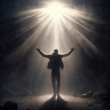 A man shrouded in mystical light raises his hands up. high quality illustrationの素材