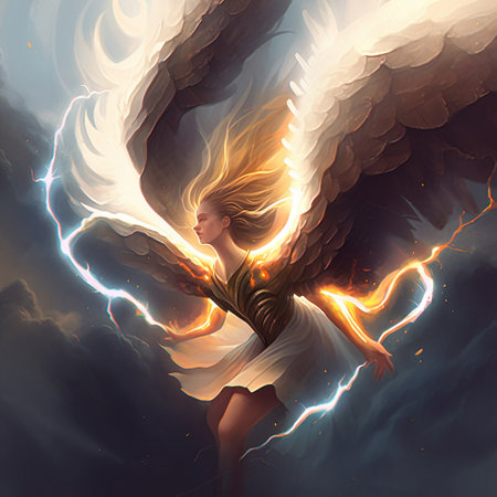 Girl angel embraced by fire and lightning. high quality illustrationの素材