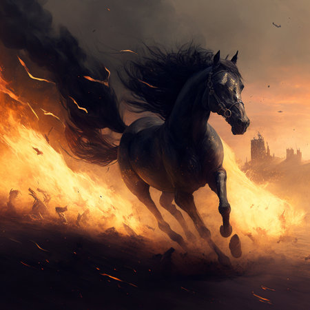 A black horse engulfed in flames gallops across the scorched earth. high quality illustrationの素材