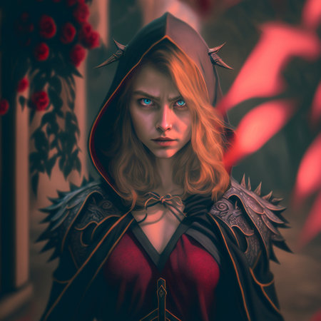 Mysterious girl in a black hood on a red background. high quality photoの素材