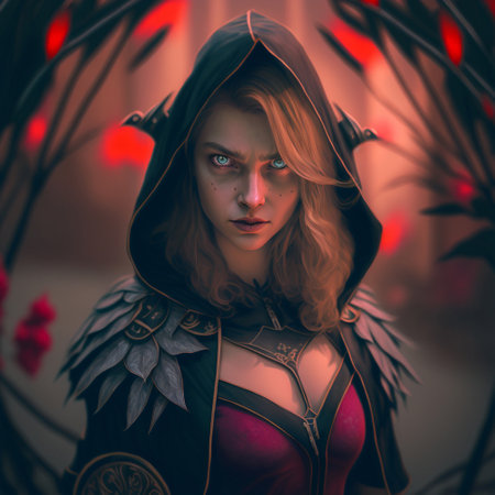 Mysterious girl in a black hood on a red background. high quality photoの素材