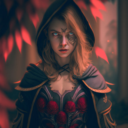 Mysterious girl in a black hood on a red background. high quality photoの素材