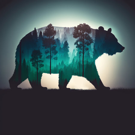 Silhouette of a bear with the image of a forest. high quality illustrationの素材