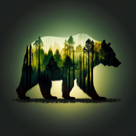 Silhouette of a bear with the image of a forest. high quality illustrationの素材