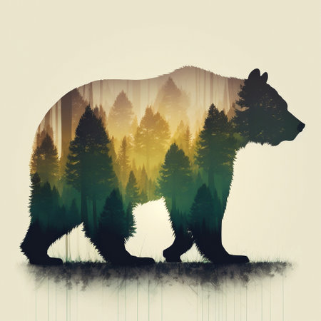 Silhouette of a bear with the image of a forest. high quality illustrationの素材