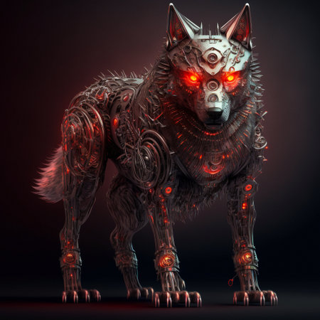 Cybernetic wolf with red glowing eyes. high quality illustrationの素材