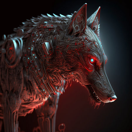 Cybernetic wolf with red glowing eyes. high quality illustrationの素材
