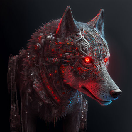 Cybernetic wolf with red glowing eyes. high quality illustrationの素材