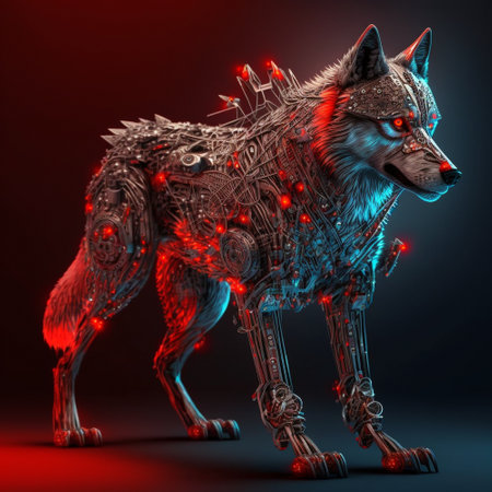 Cybernetic wolf with red glowing eyes. high quality illustrationの素材