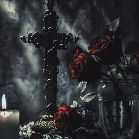 Gothic illustration of a cross with roses. high quality illustrationの素材