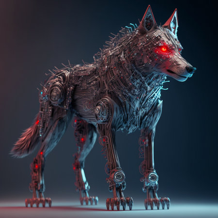 Cybernetic wolf with red glowing eyes. high quality illustrationの素材