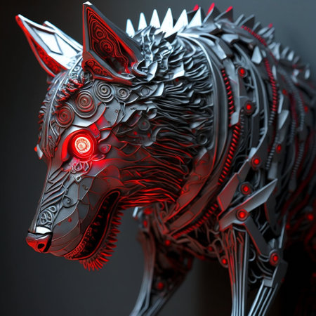 Cybernetic wolf with red glowing eyes. high quality illustrationの素材