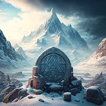 Mysterious symbols on an ancient monument in the snowy mountains. high quality illustrationの素材