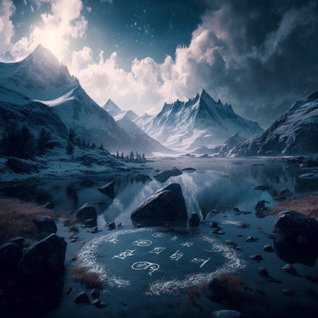 Mysterious symbols on an ancient monument in the snowy mountains. high quality illustrationの素材