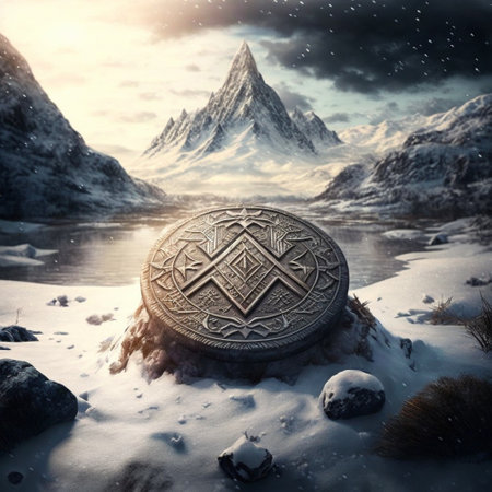 Mysterious symbols on an ancient monument in the snowy mountains. high quality illustrationの素材