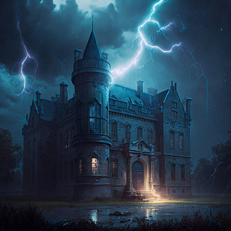 Mysterious old castle on a stormy night. high quality illustrationの素材