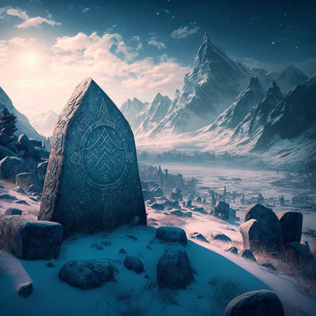 Mysterious symbols on an ancient monument in the snowy mountains. high quality illustrationの素材