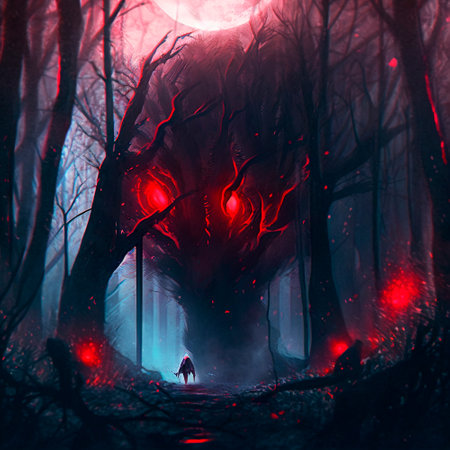 A big monster with red eyes in a mystical forest. high quality illustrationの素材