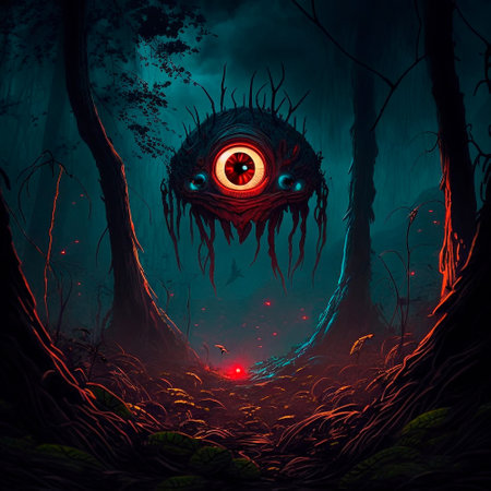 Big red eyes against the background of a gloomy mystical fores. high quality illustrationの素材