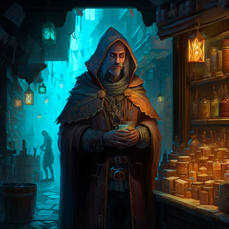 A mysterious man in a medieval market in the style of fantasy. high quality illustrationの素材