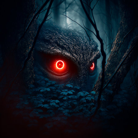 Big red eyes against the background of a gloomy mystical fores. high quality illustrationの素材