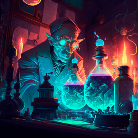 An alchemist mixes mysterious liquids in his laboratory. high quality illustrationの素材