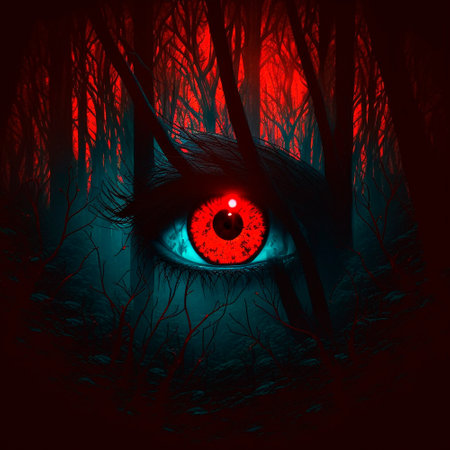Big red eyes against the background of a gloomy mystical fores. high quality illustrationの素材