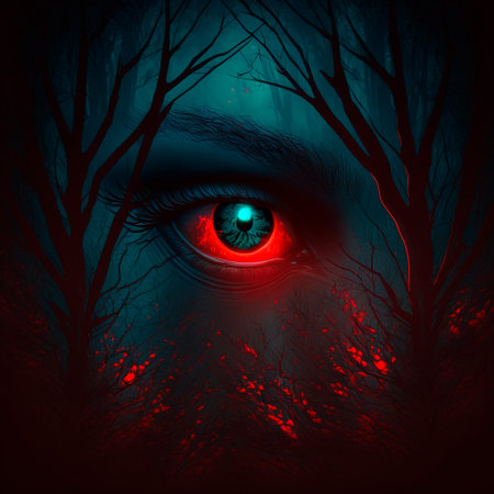 Big red eyes against the background of a gloomy mystical fores. high quality illustrationの素材