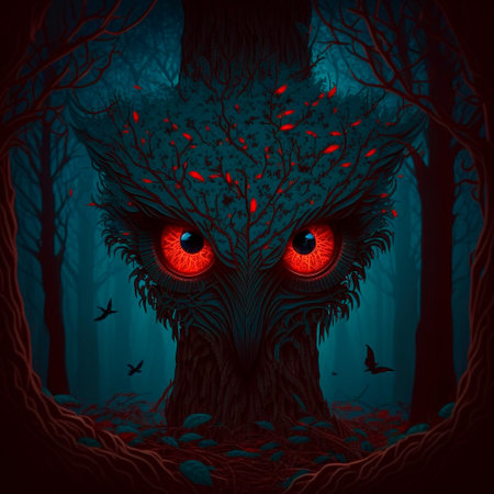 A big monster with red eyes in a mystical forest. high quality illustrationの素材