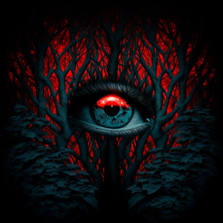 Big red eyes against the background of a gloomy mystical fores. high quality illustrationの素材