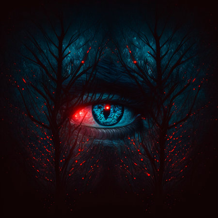 Big red eyes against the background of a gloomy mystical fores. high quality illustrationの素材