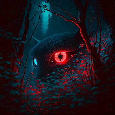 Big red eyes against the background of a gloomy mystical fores. high quality illustrationの素材