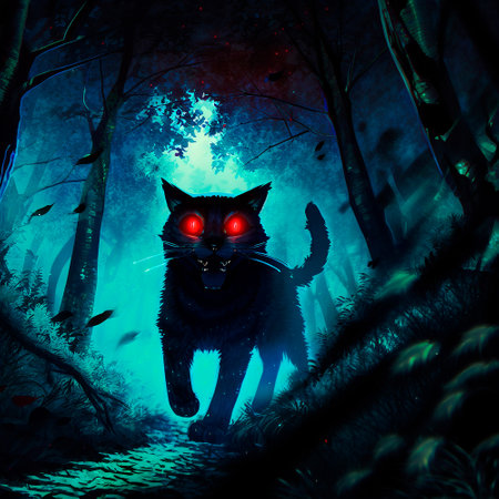 A cat with red eyes in a dark forest. high quality illustrationの素材